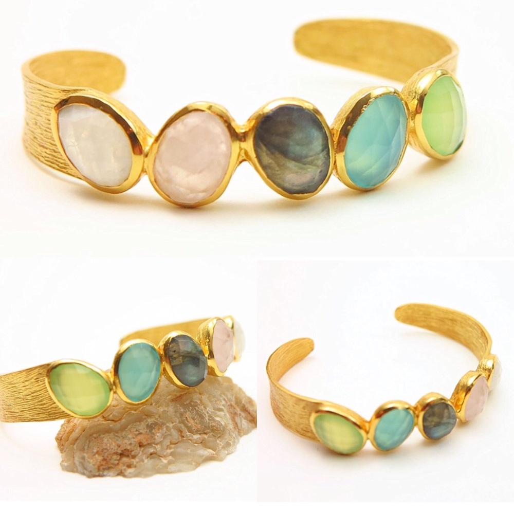 Chalcedony labradorite moonstone 18k‎ Cuff Bracelet